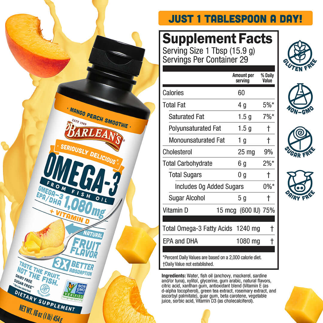 Mango Peach Smoothie Fish Oil + Vitamin D3 supplement facts featuring omega-3s for heart, brain, and bone health.