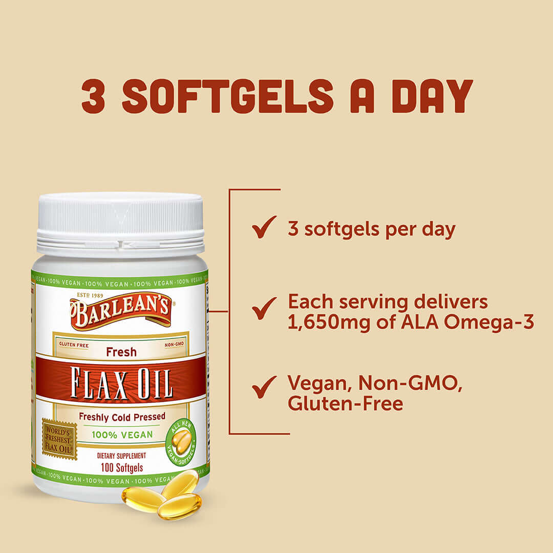 Fresh Flax Oil Vegan Omega-3 Softgels bottle showcasing heart health benefits, cold-pressed, vegan, non-GMO.