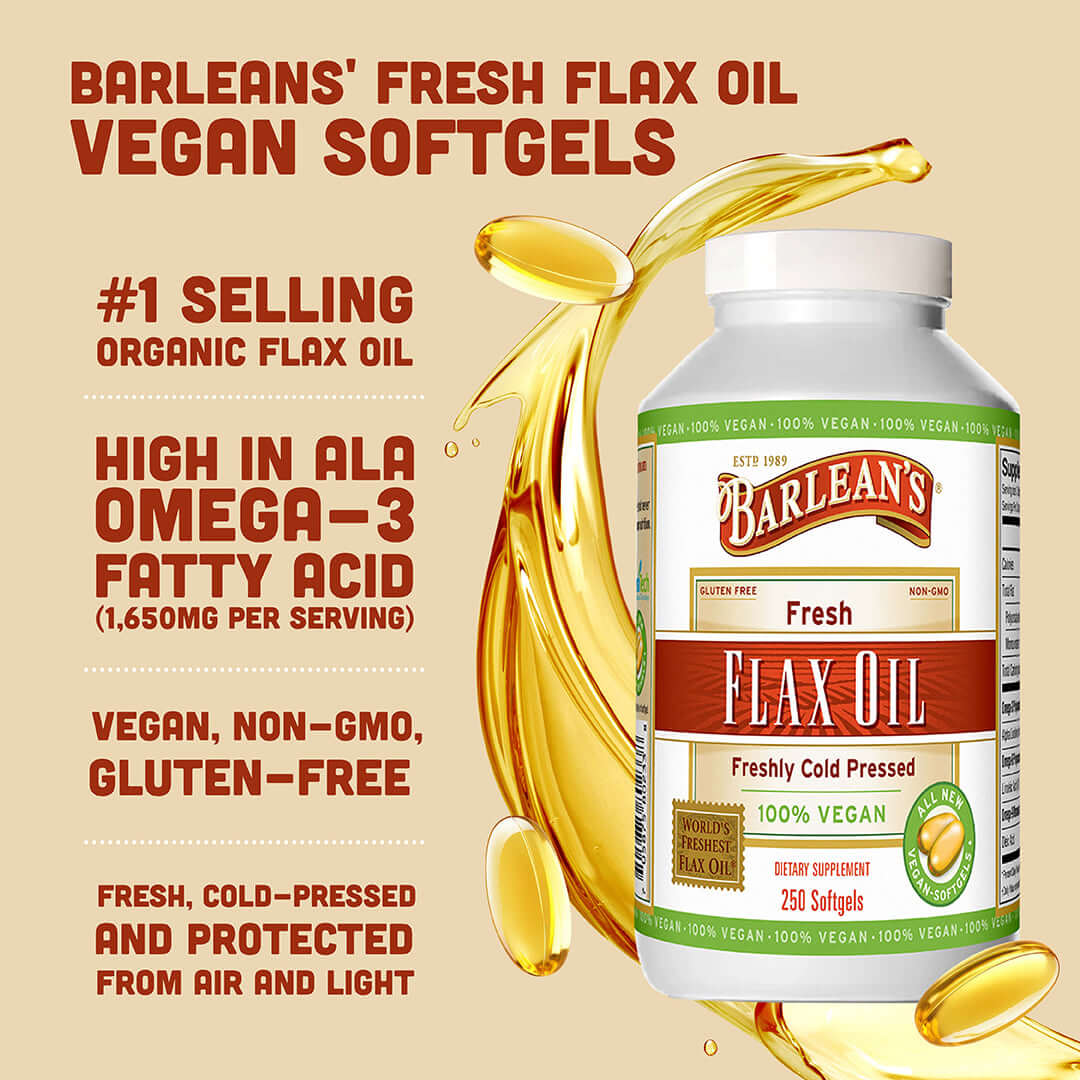 Fresh Flax Oil Vegan Omega-3 Softgels bottle showcasing heart health, cold-pressed, vegan, and non-GMO benefits.
