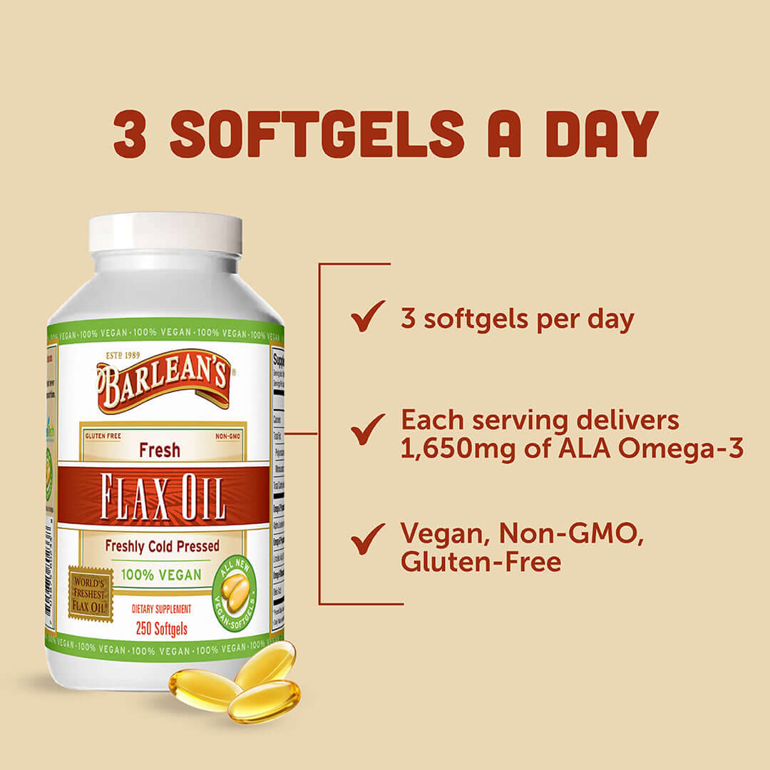 Fresh Flax Oil Vegan Omega-3 Softgels bottle showcasing heart health, cold-pressed, vegan, and non-GMO benefits.
