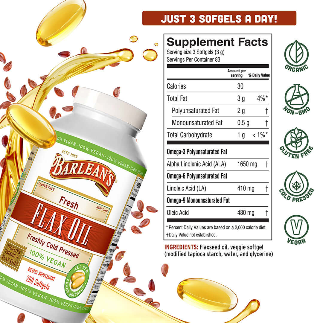 Fresh Flax Oil Vegan Omega-3 Softgels bottle showcasing heart health, cold-pressed, vegan, and non-GMO benefits.