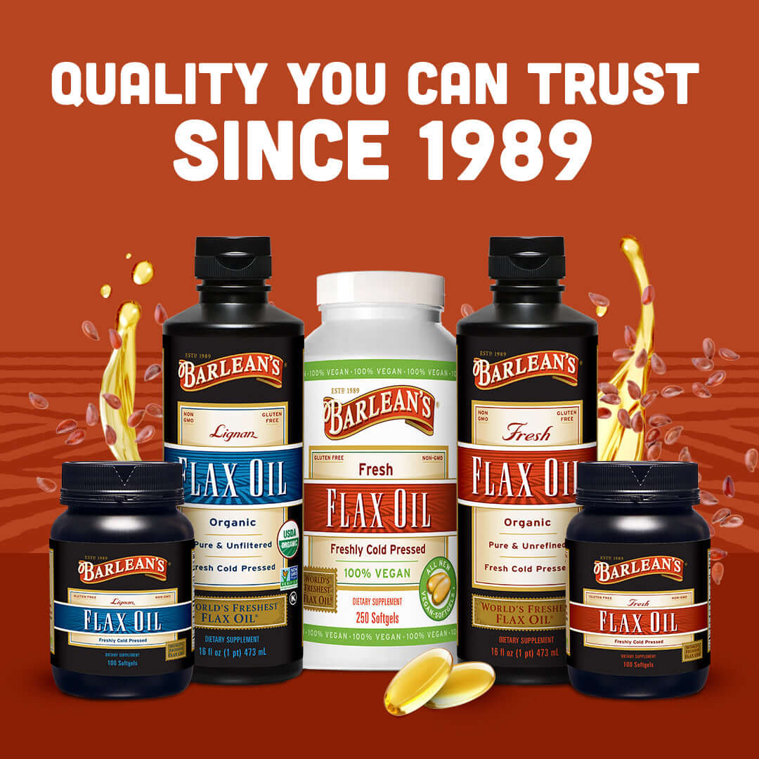 Fresh Flax Oil Vegan Omega-3 Softgels bottle showcasing heart health, cold-pressed, vegan, and non-GMO benefits.