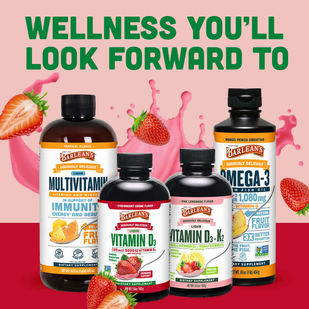 Vitamin D3 Strawberry Milkshake and supplements from Barlean's for bone health and immune support.