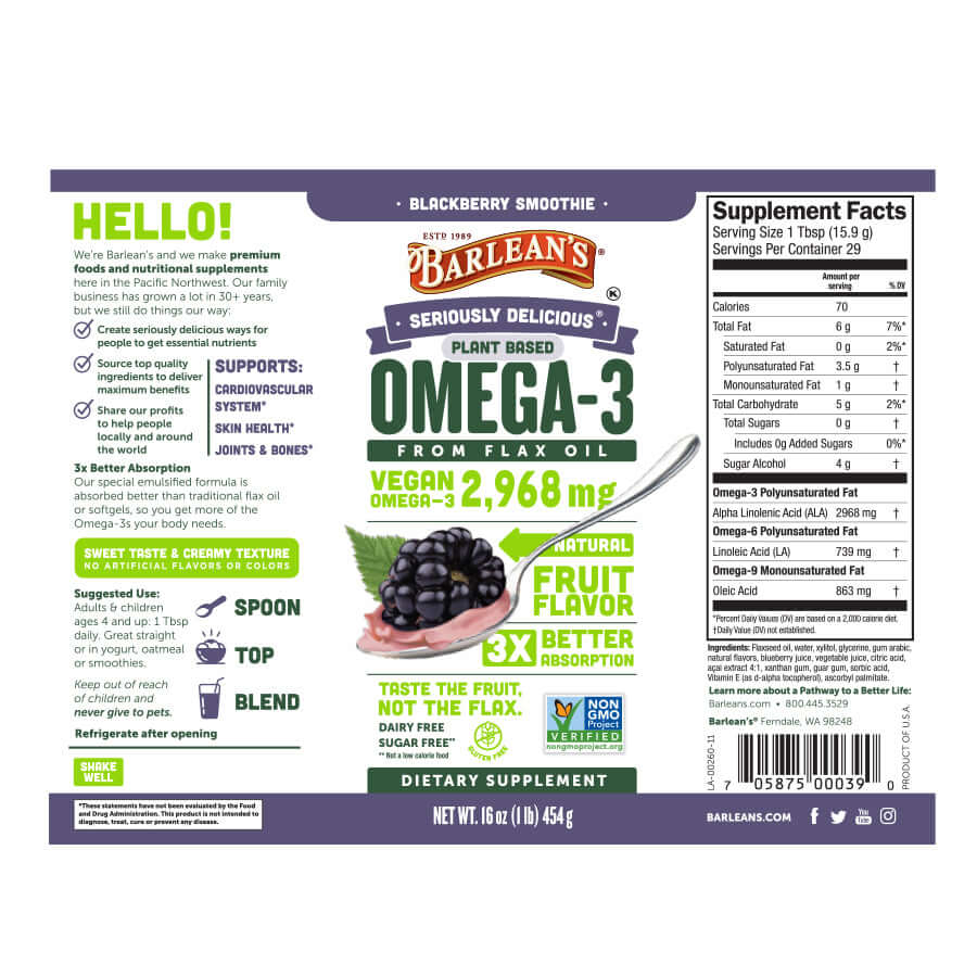 Blackberry Flax Oil - Omega-3 Plant-Based Supplement full label