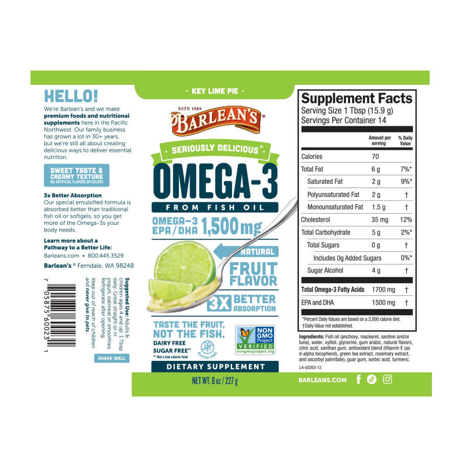 Barlean's Key Lime Pie Fish Oil label showcasing 1,500 mg EPA/DHA for heart and brain health in a smooth liquid formula.