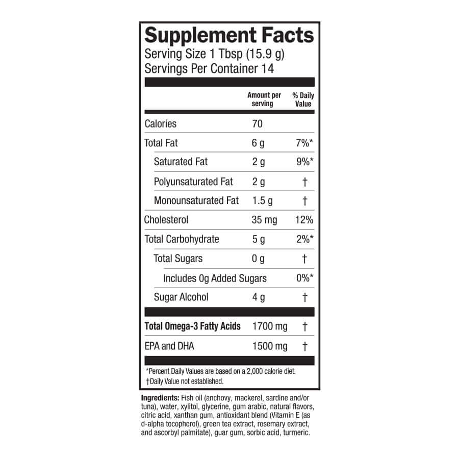 Supplement facts for Key Lime Pie Fish Oil showing nutritional details for liquid omega-3s, brain health, and heart health.