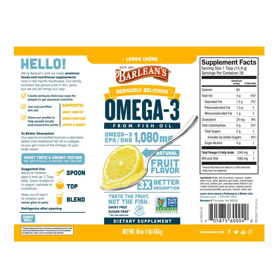 Omega-3 liquid Supplement with Smooth Lemon Taste full label