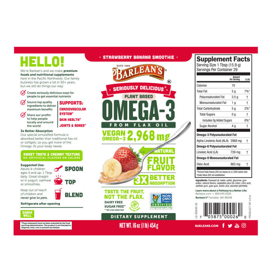 Vegan omega-3 strawberry banana supplement full label