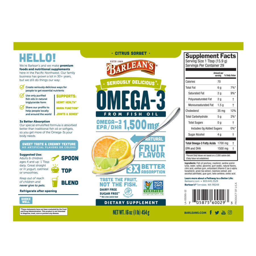 full label Omega-3 1,500 mg EPA/DHA Per Serving
