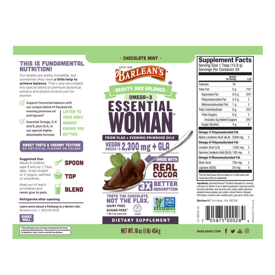 Essential Woman® Chocolate Mint Oil Blend full label