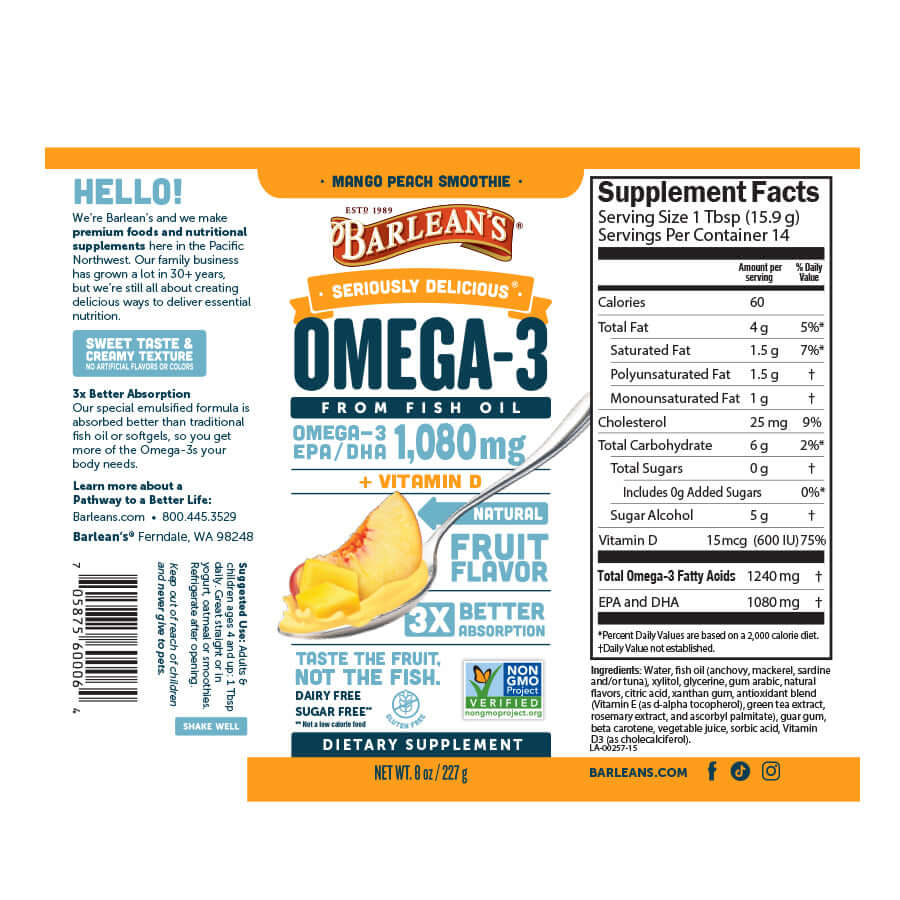 Mango Peach Smoothie Fish Oil + Vitamin D3 supplement label showcasing heart health, brain health, and immune support benefits.