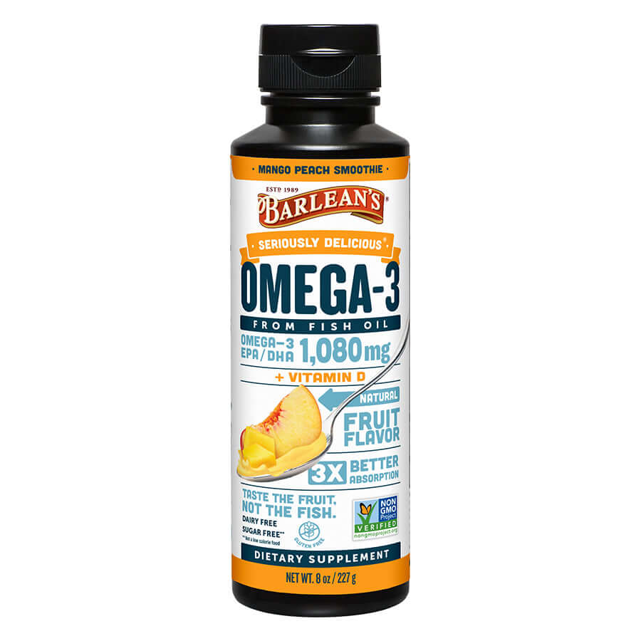 Barlean’s Mango Peach Omega-3 + D3 bottle on white background
