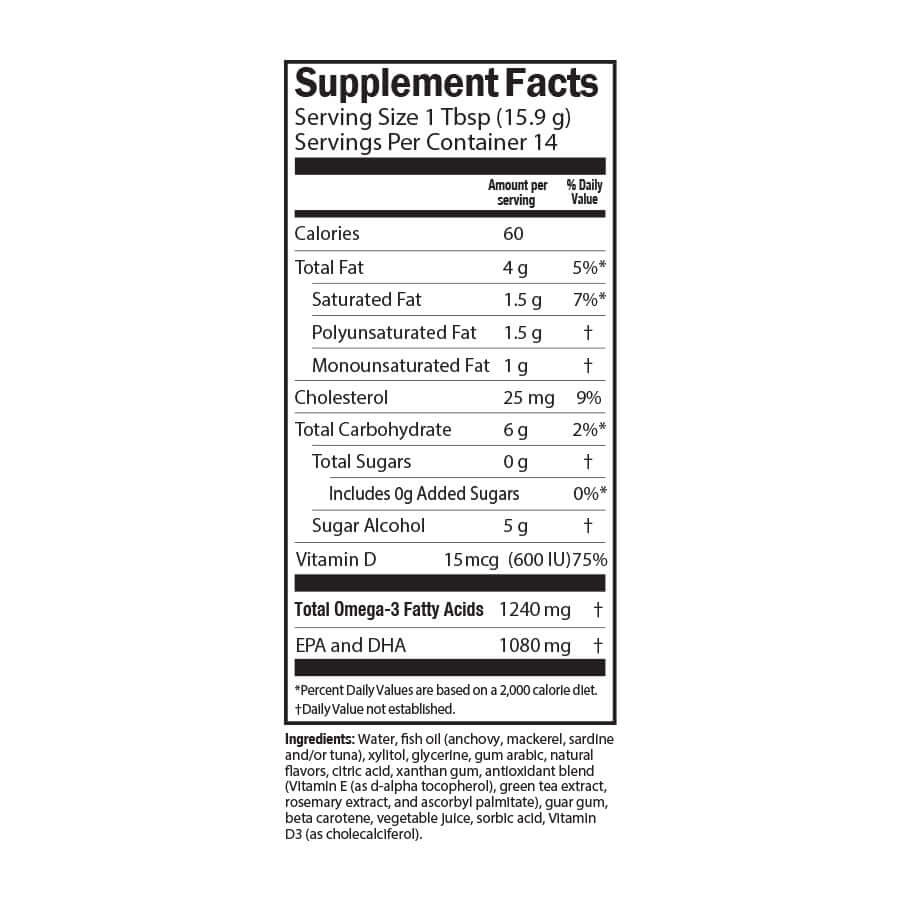 Mango Peach Smoothie Fish Oil + Vitamin D3 supplement facts, showcasing omega-3s, heart health, and immune support.