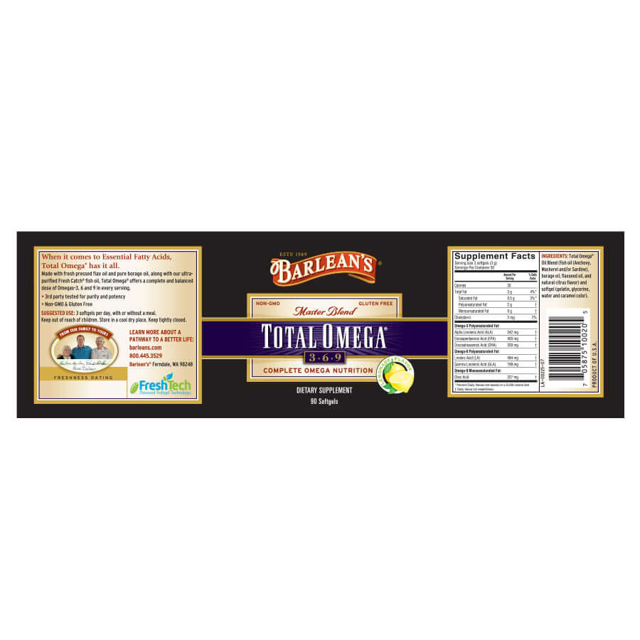 Omega 3 6 9 supplement softgels full label on white background