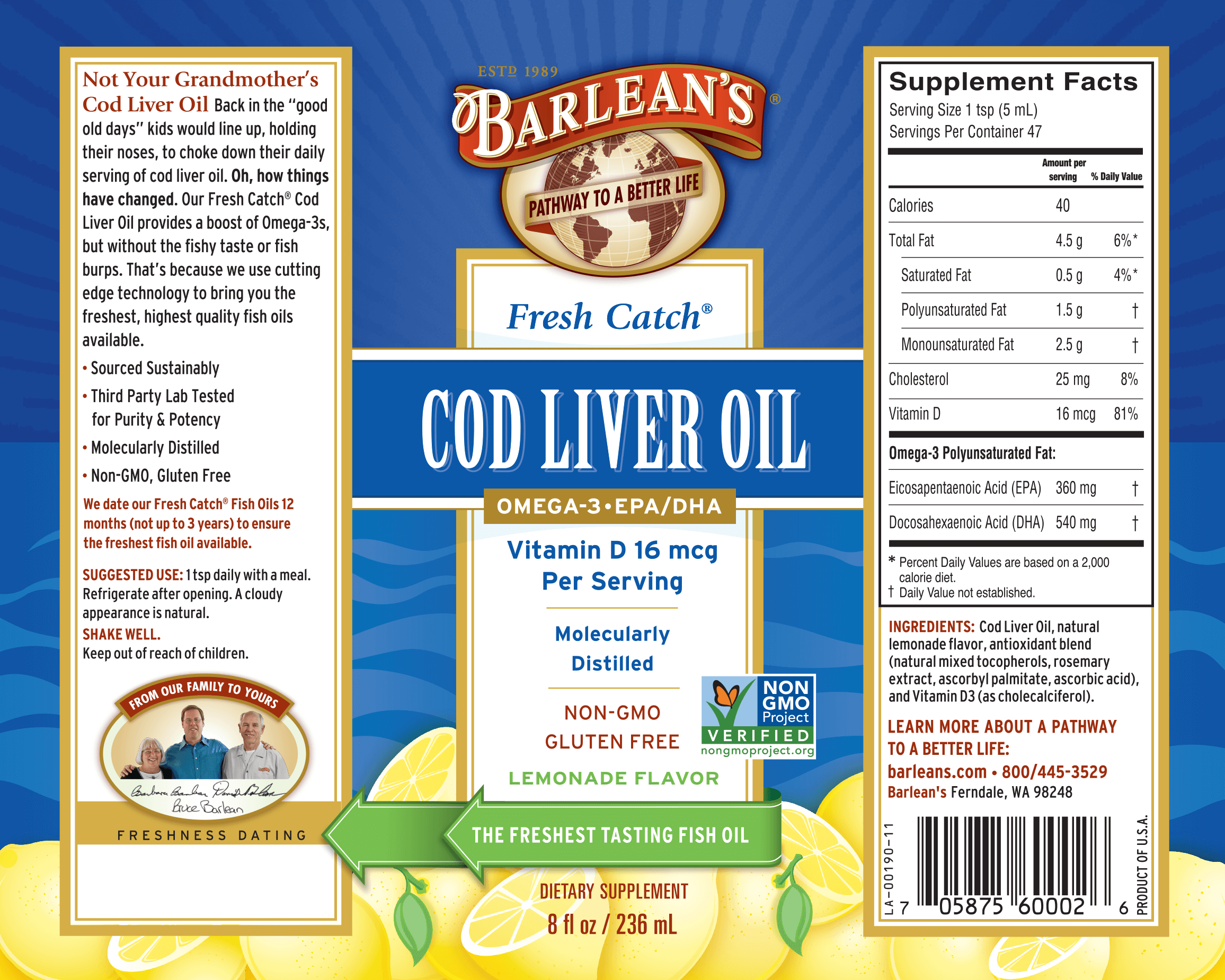Omega-3 cod liver oil in a lemon-flavored full label