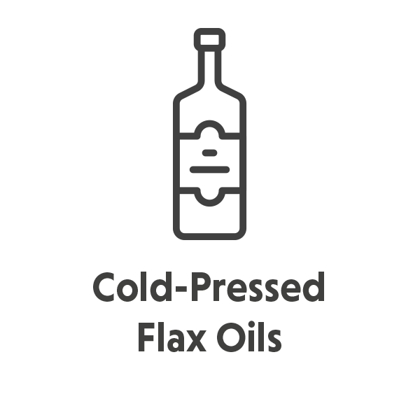 An icon of a bottle with the text: Cold-Pressed Flax Oils
