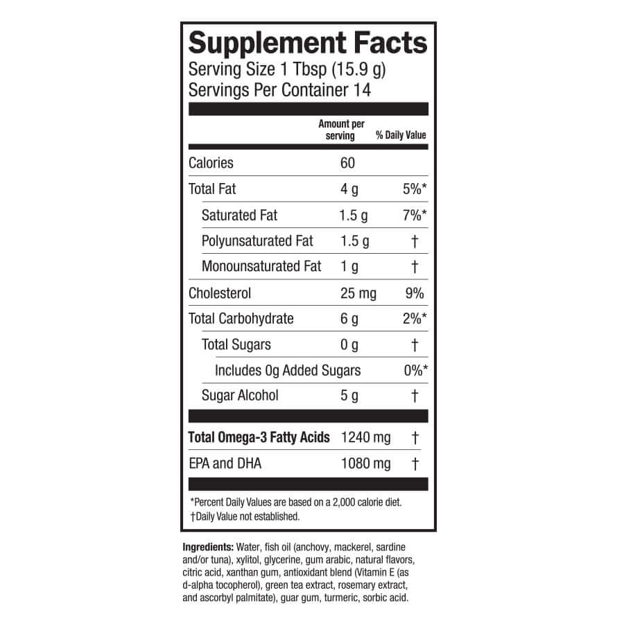 Supplement facts for Lemon Crème Fish Oil showing omega-3 content and nutritional information.