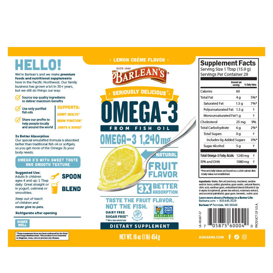 Lemon Crème Fish Oil label showcasing Omega-3 benefits for heart health, brain health, and energy support.