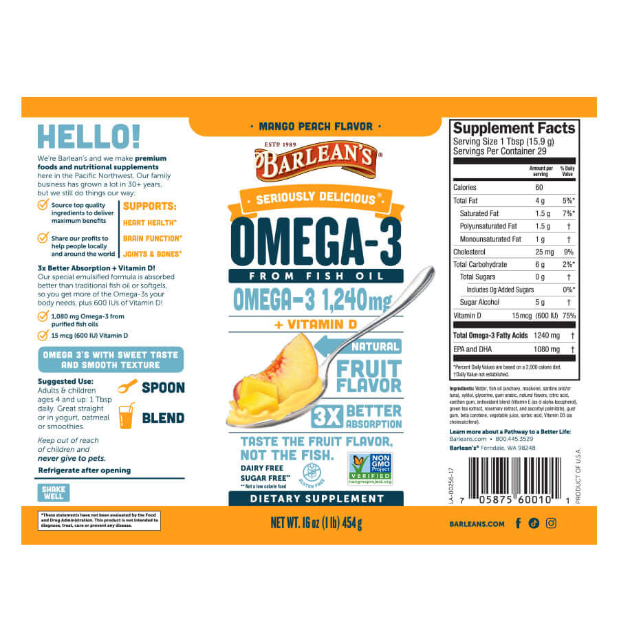 Mango Peach Smoothie Fish Oil + Vitamin D3 supplement label with Omega-3, nutrition facts, and tropical flavor description.