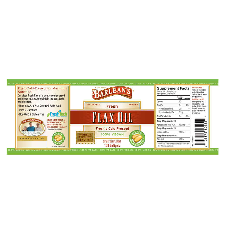Barlean’s Fresh Flax Oil Vegan Omega-3 Softgels label, showcasing cold-pressed, non-GMO, vegan ingredients.
