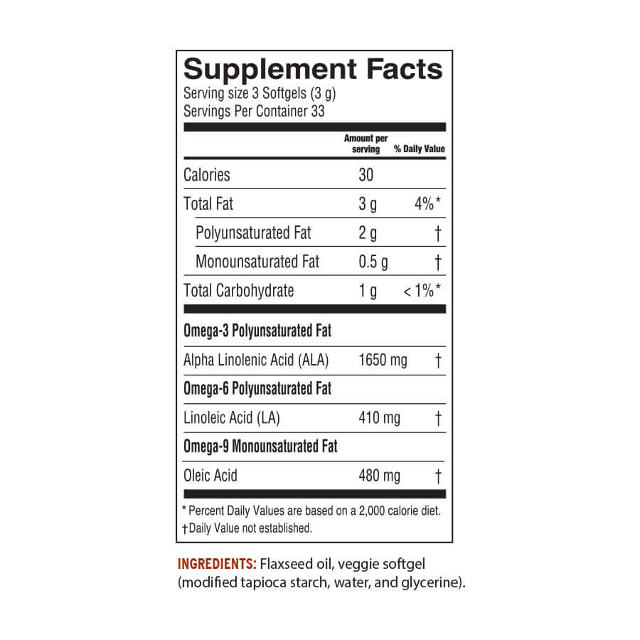 Supplement facts for Fresh Flax Oil Vegan Omega-3 Softgels, detailing omega-3 content and ingredients.