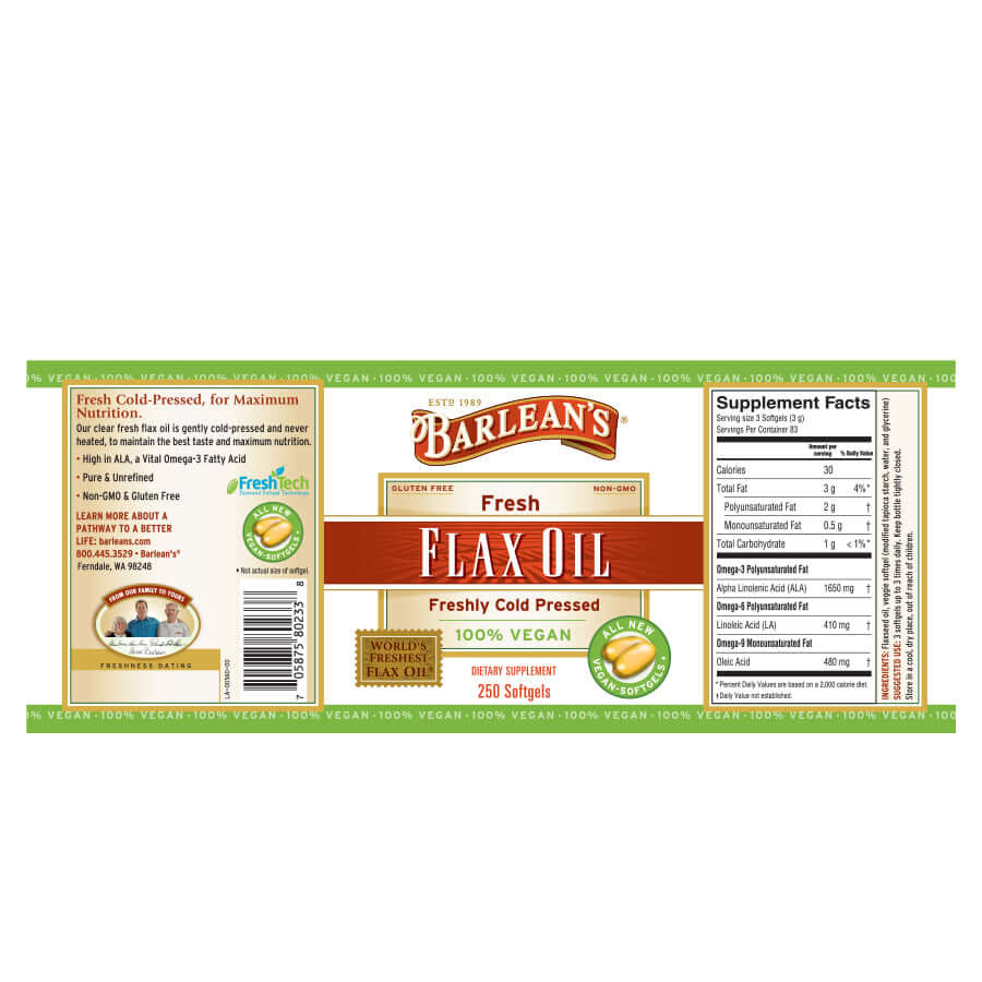 Barlean's Fresh Flax Oil Vegan Omega-3 Softgels label showcasing cold-pressed, non-GMO ingredients for heart health.