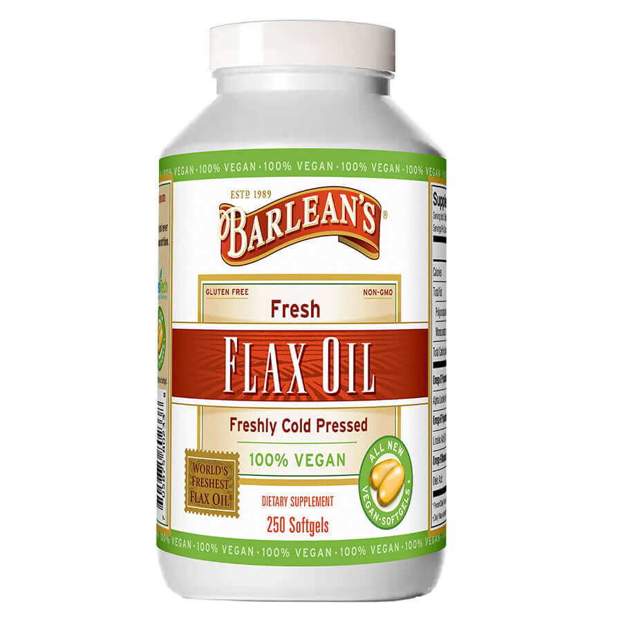 Fresh Flax Oil Vegan Omega-3 Softgels for heart health and overall wellness, cold-pressed, vegan, non-GMO.