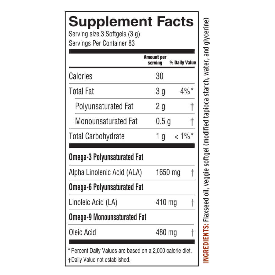 Supplement facts for Fresh Flax Oil Vegan Omega-3 Softgels highlighting ALA Omega-3 content and serving size.