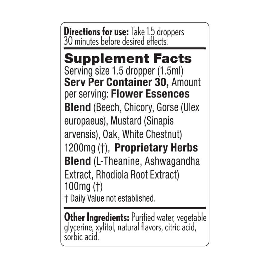 Supplement facts for De-Stress Mood Drops – herbal and flower essence blend
