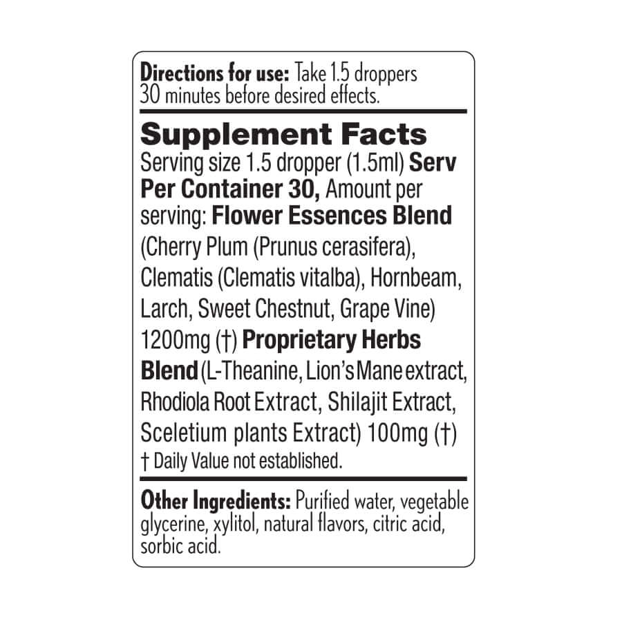 Supplement facts for Perform Mood Drops – herbal and flower essence blend