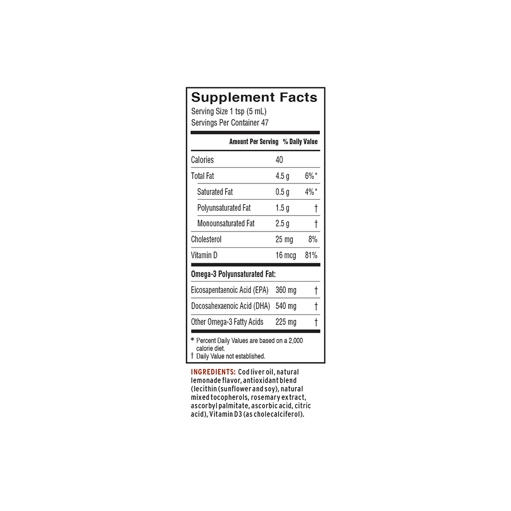 Lemonade-flavored cod liver oil for omega-3s and vitamins A & D supplement facts