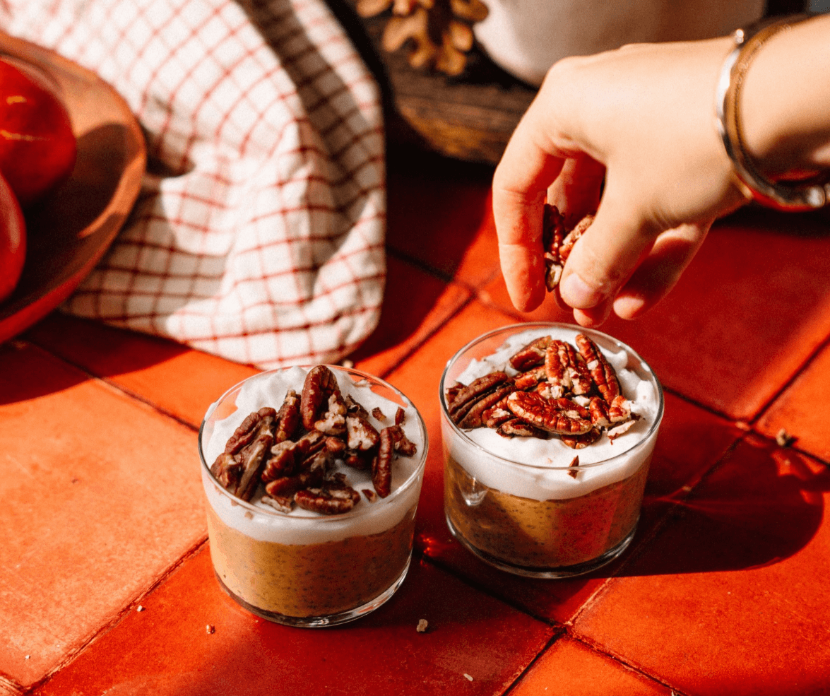 Pumpkin Chia Pudding with pumpkin purée, vanilla extract, honey, greek yogurt, and pecans
