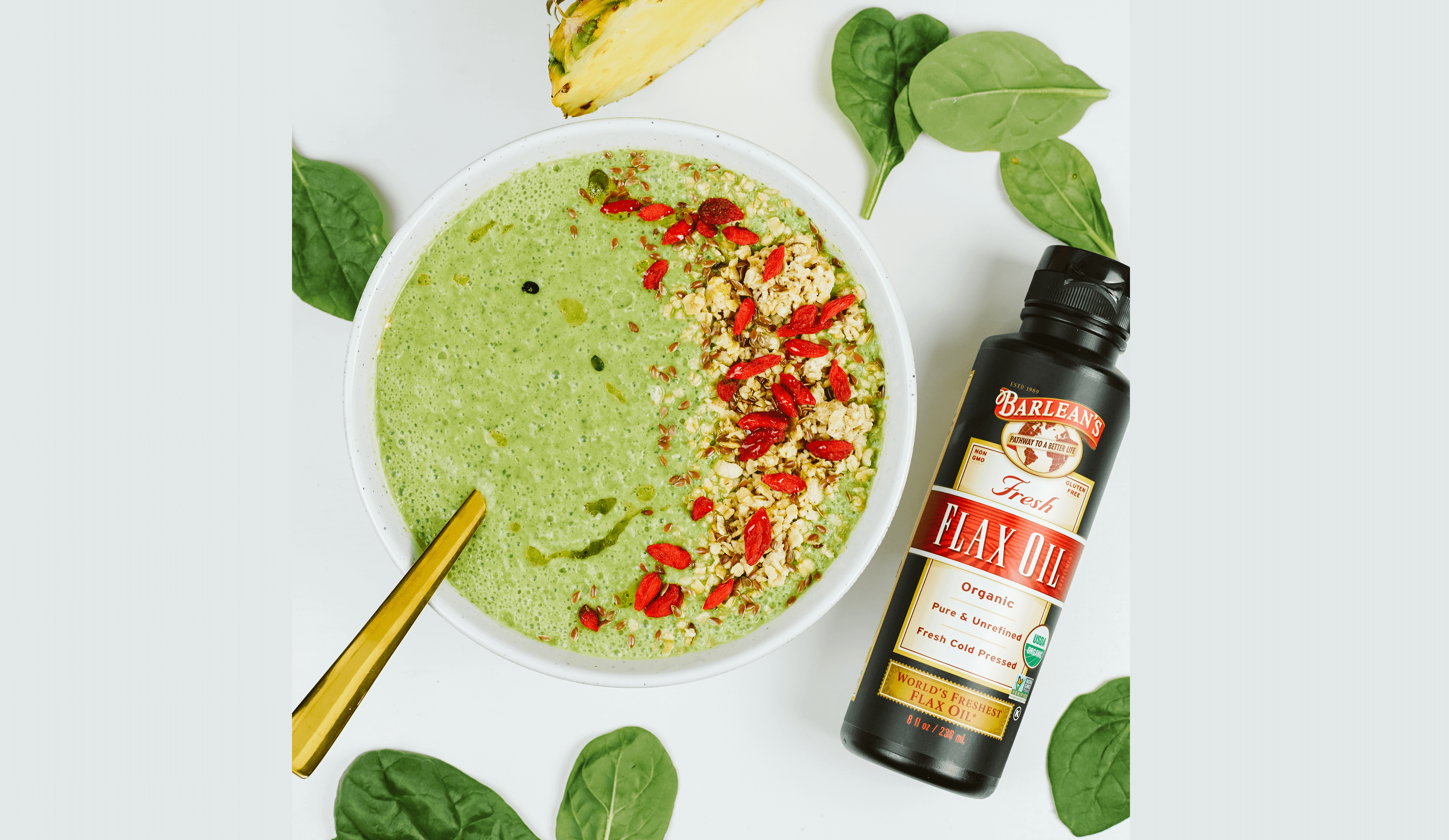 Green Flax Smoothie Bowl Recipe with barlean's flax oil
