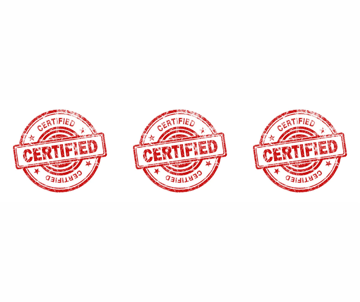 Module 2: Award-Winning Credibility & Quality Standards - Three certified stamps in red on a white background.