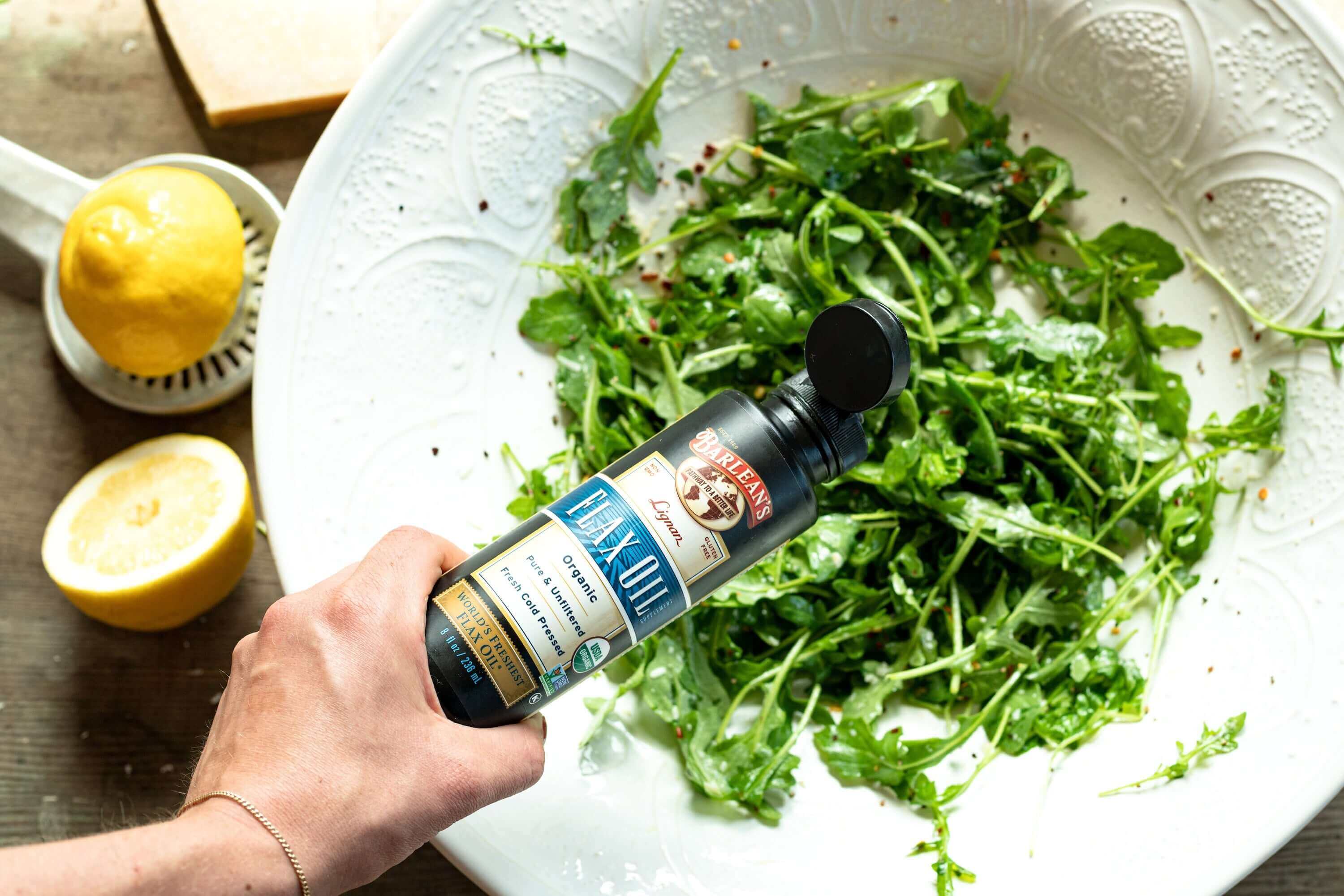 a salad with flax seed and oil in it