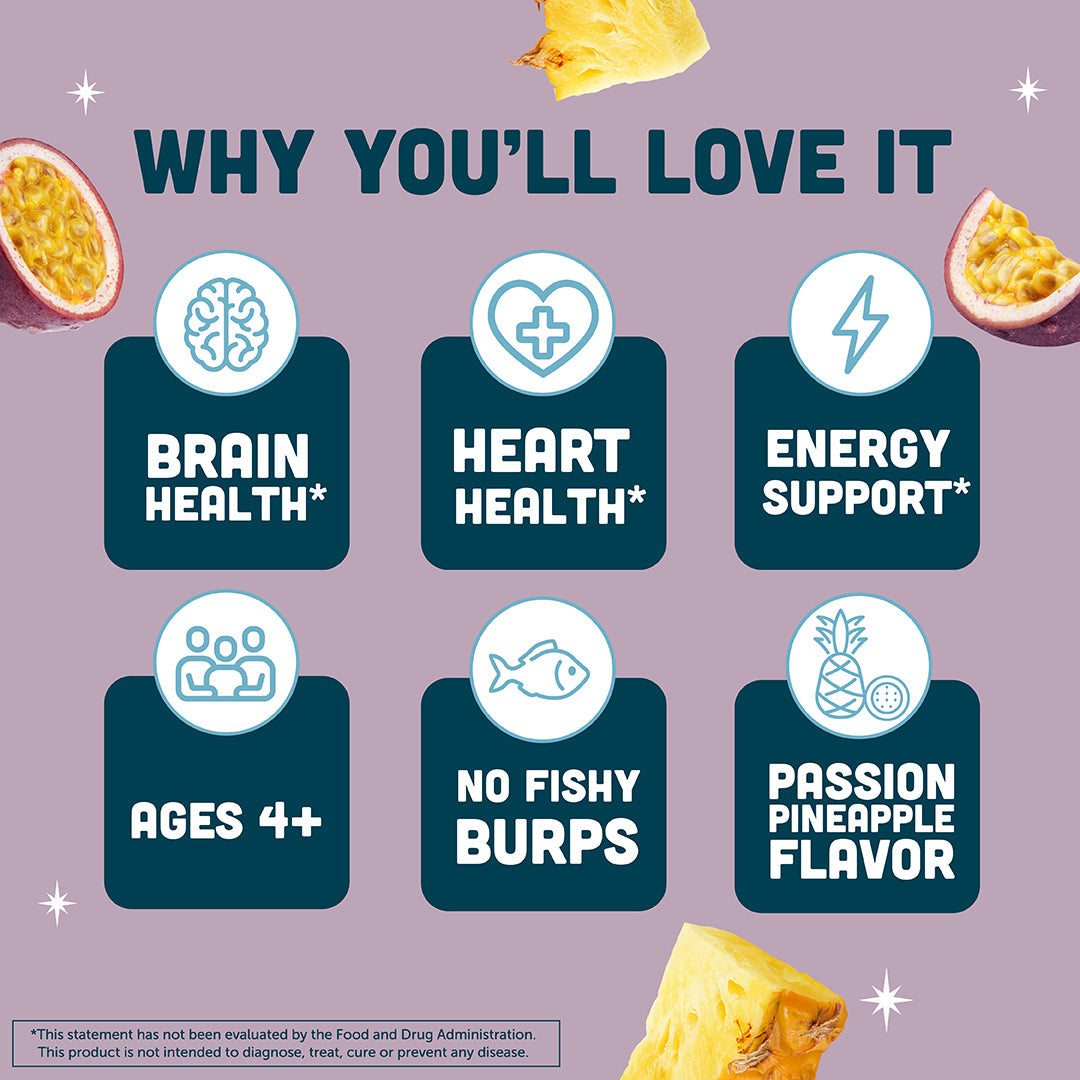 Why you'll love Passion Pineapple Fish Oil: Brain health, heart health, energy support, ages 4+, no fishy burps, passion pineapple flavor.