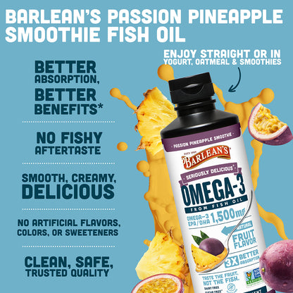 Barlean's Passion Pineapple Fish Oil for brain and heart health, delivering omega-3s in a delicious, creamy formula.