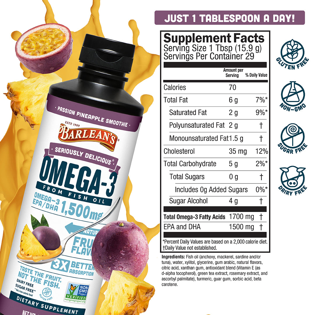 Passion Pineapple Fish Oil supplement facts featuring omega-3s for brain, heart health, and energy support.