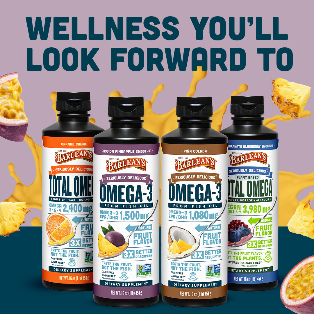 Barlean's Passion Pineapple Fish Oil among other omega-3 liquid supplements promoting wellness.