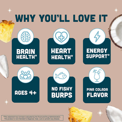 Why you will love Pina Colada Fish Oil: brain health, heart health, energy support, ages 4+, no fishy burps, piña colada flavor.