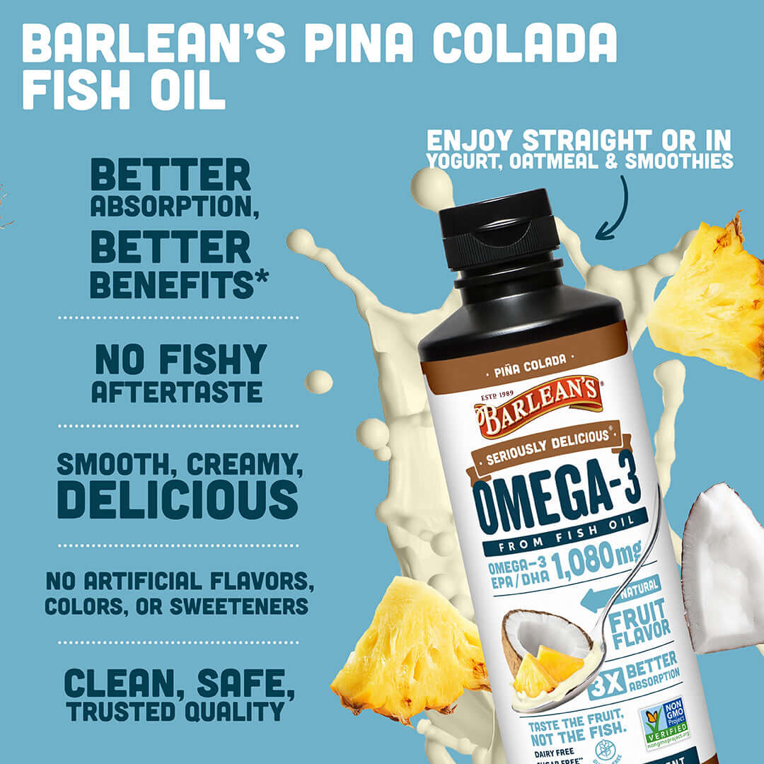 Barlean's Pina Colada Fish Oil for brain and heart health, providing 1,080 mg of EPA/DHA in a delicious, creamy formula.