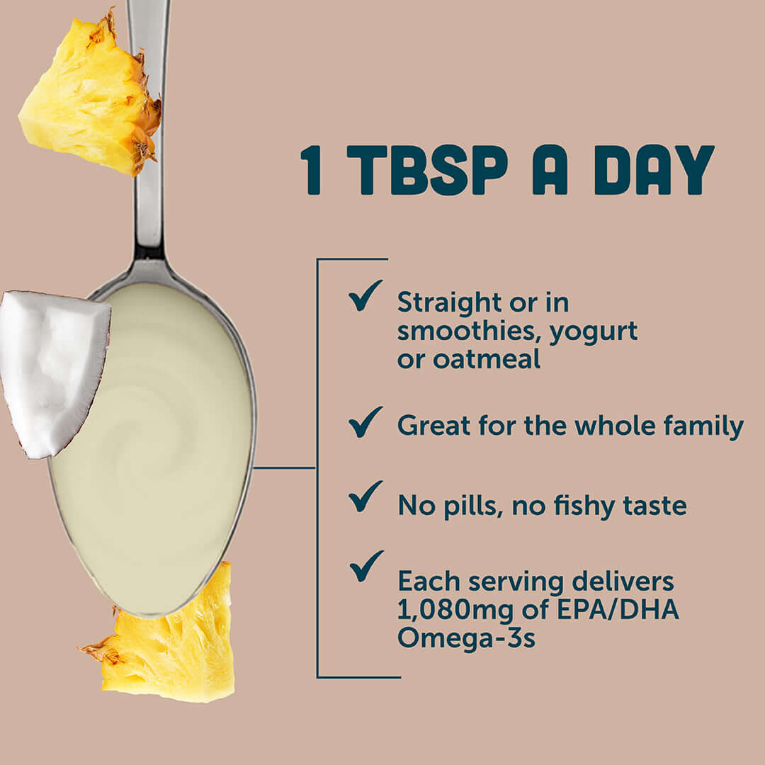 1 tablespoon of Pina Colada Fish Oil providing 1,080mg of EPA/DHA Omega-3s, easy to consume with no fishy taste.