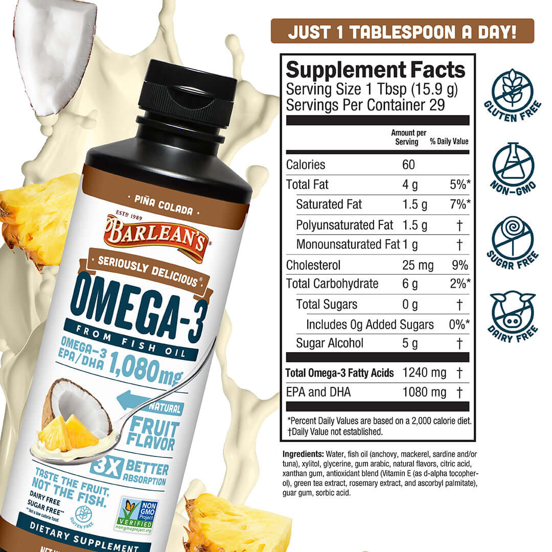 Barlean's Pina Colada Fish Oil supplement facts, showing omega-3 EPA/DHA content and nutritional benefits.