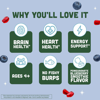 Why you'll love Total Omega® Vegan Pomegranate Blueberry Smoothie: brain health, heart health, energy support, ages 4+, no fishy burps.