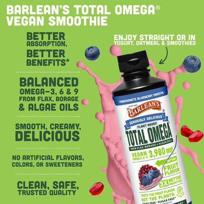 Total Omega® Vegan Pomegranate Blueberry Smoothie offers a creamy texture with plant-based omega-3s for heart and brain health.
