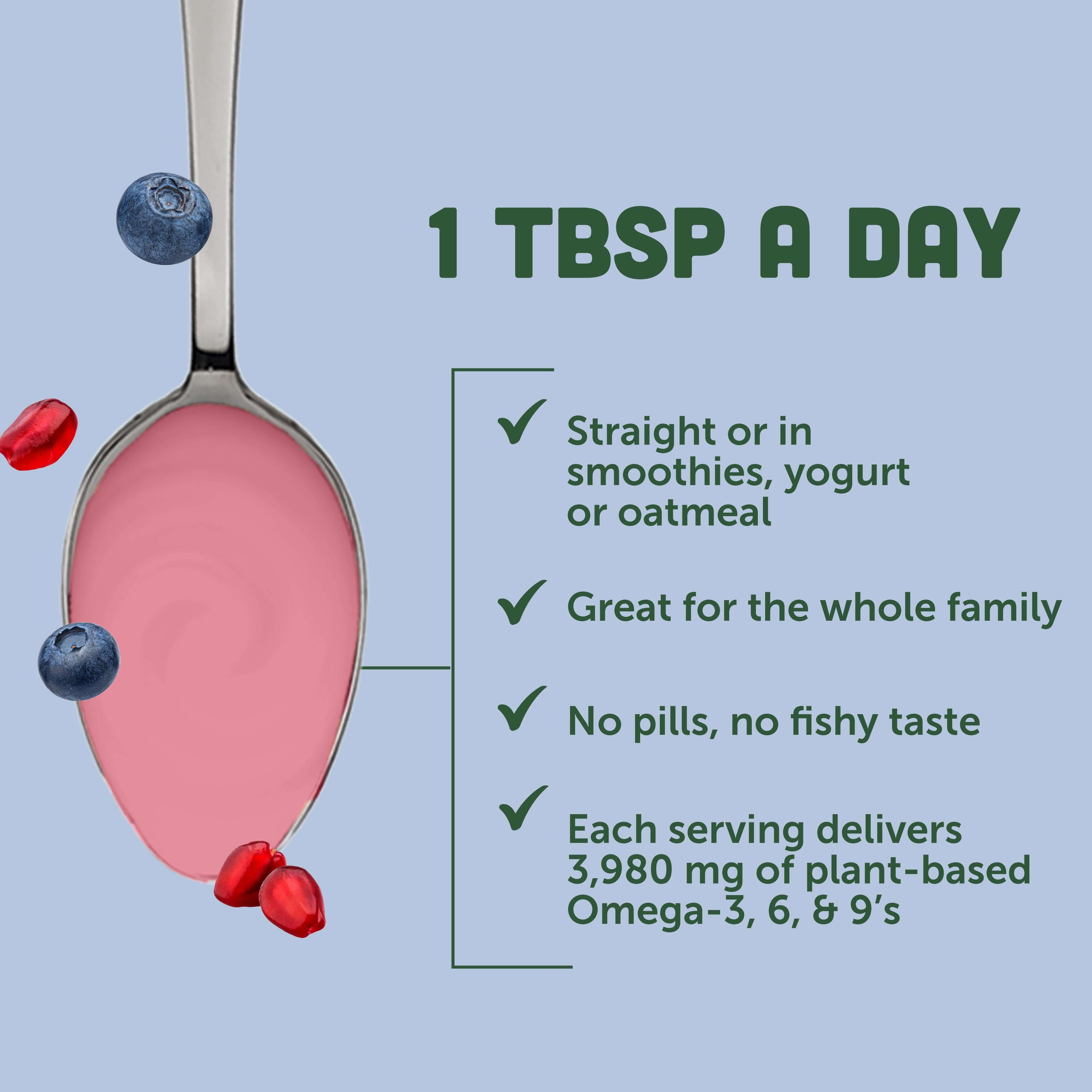 Total Omega® Vegan Pomegranate Blueberry Smoothie showing 1 tbsp daily use with pomegranate, blueberries, and health benefits.