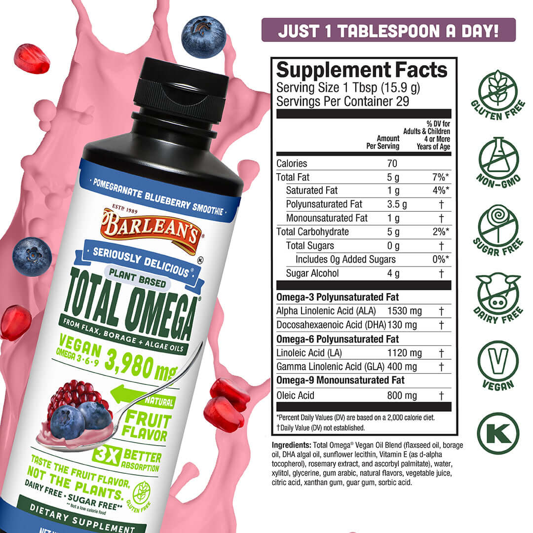 Total Omega® Vegan Pomegranate Blueberry Smoothie bottle and supplement facts, plant-based omega-3s for heart and brain health.