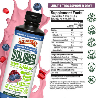 Total Omega® Vegan Pomegranate Blueberry Smoothie bottle and supplement facts, plant-based omega-3s for heart and brain health.