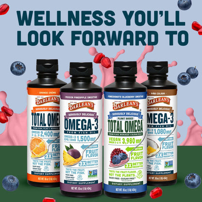 Total Omega® Vegan Pomegranate Blueberry Smoothie alongside other flavored liquid omega-3 supplements.