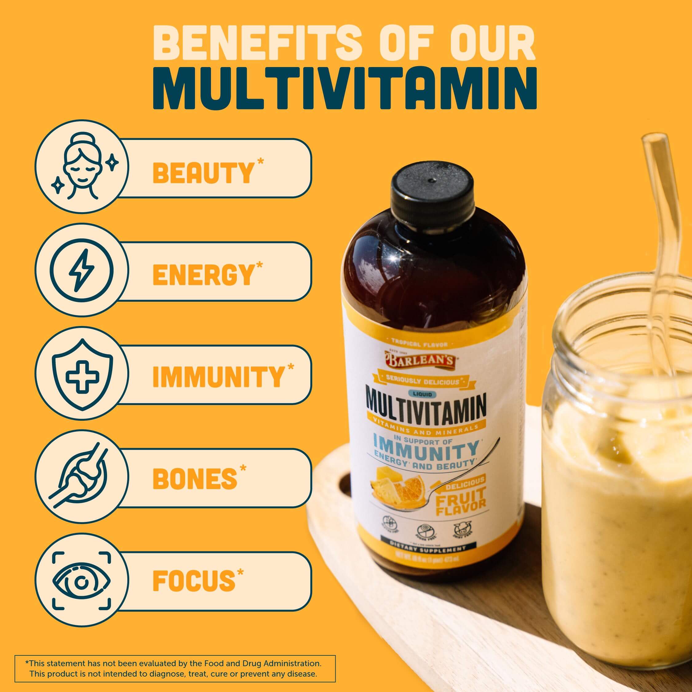 Benefits of Barlean's Multivitamin include: Beauty, Energy, Immunity, Bone Health, and Focus